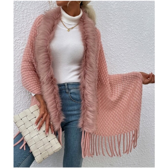 Dusty Pink Vegan Fur Fringe Open Front Cardigan Sweater Shawl - Picture 2 of 4